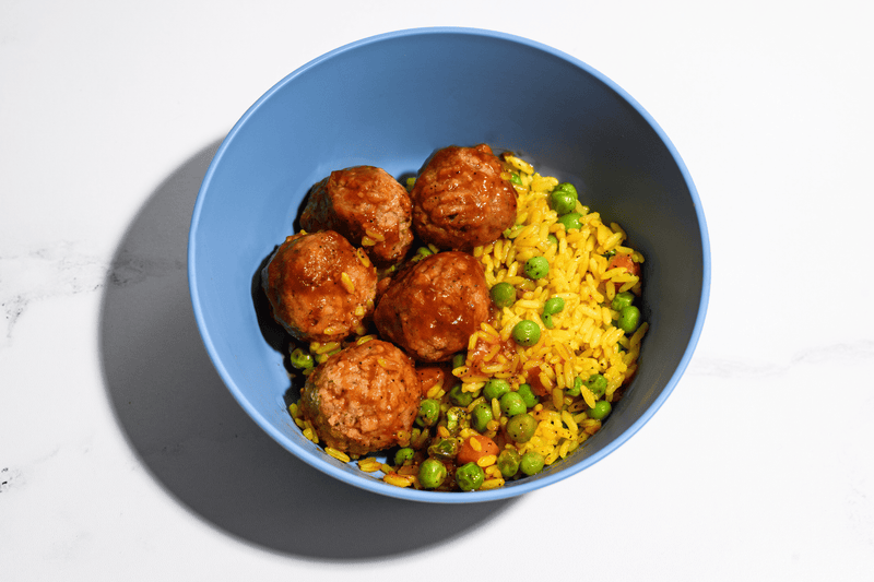 BBQ Chicken Meatballs + Rice + Mixed Veggies